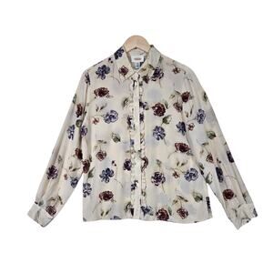 Talbots Silk Blouse 10 Beige Floral Ruffle Button Front Cottagecore Womens
